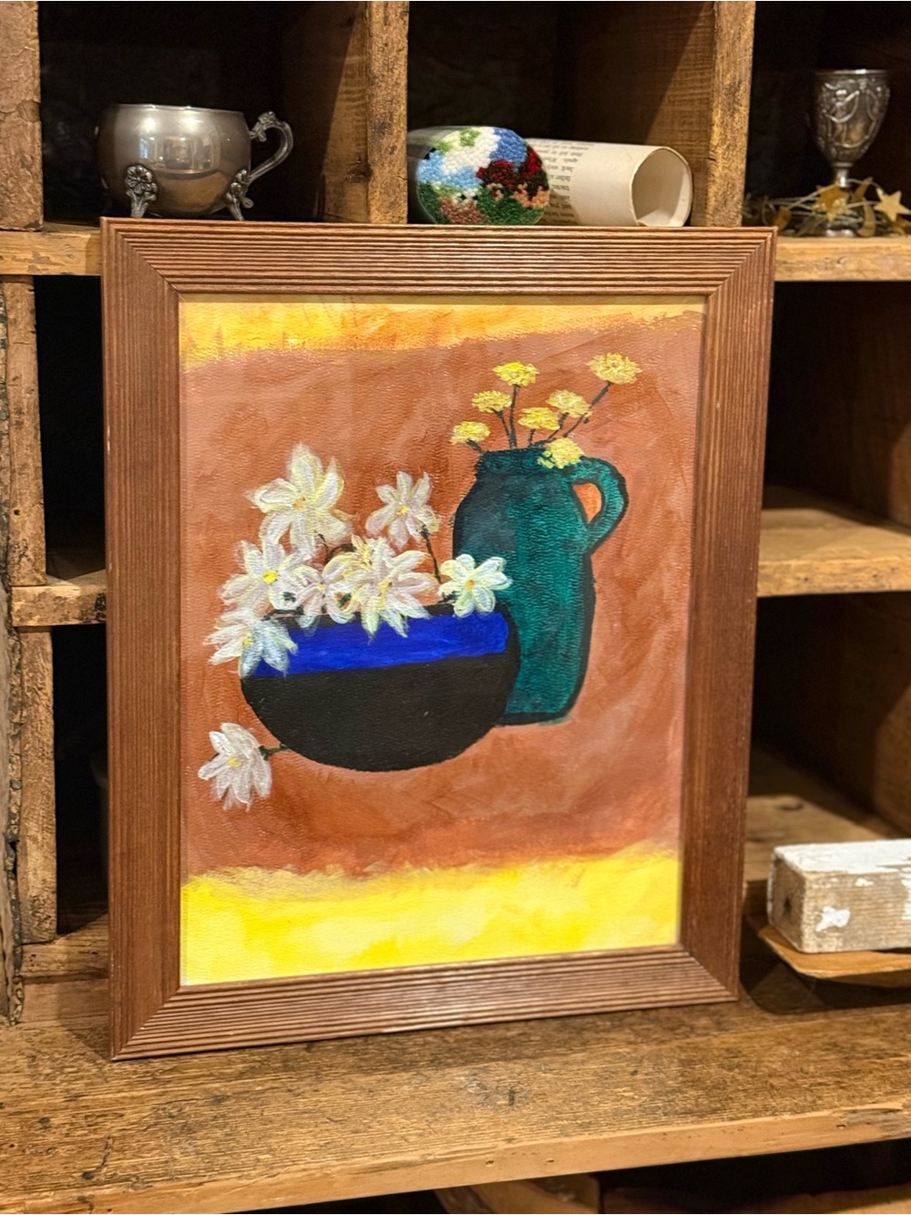 Framed Floral Still Life Painting - Brown Wood Frame, Yellow & Green Accents